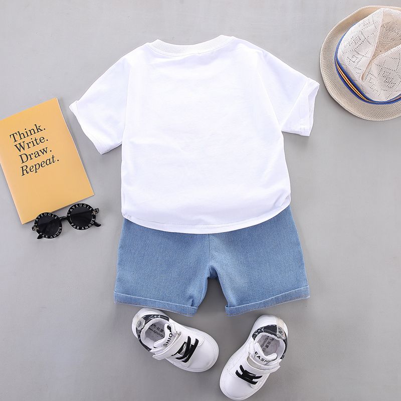 2pcs Toddler Boy Playful Denim Pocket Design Shorts and Vehicle Print Tee set White big image 2