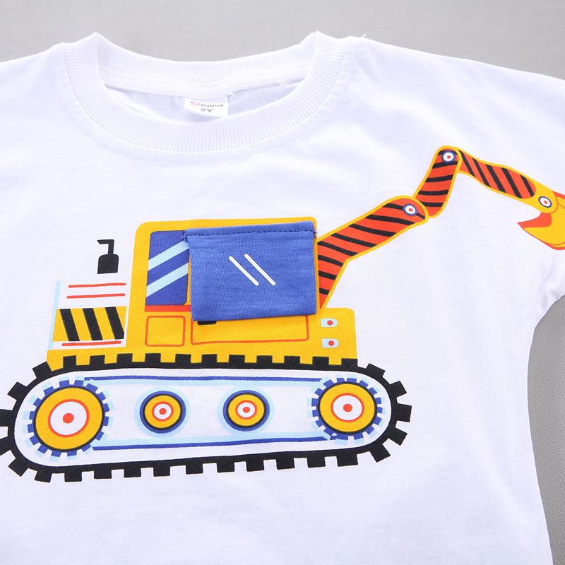2pcs Toddler Boy Playful Denim Pocket Design Shorts and Vehicle Print Tee set White big image 4