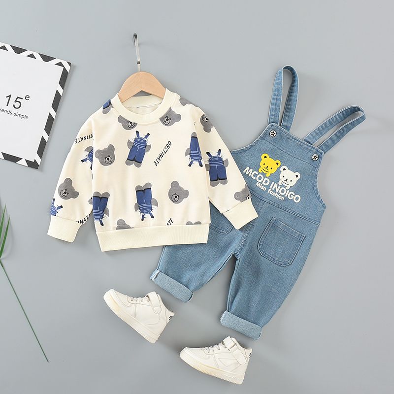 2pcs Teddy Bear Allover Long-sleeve Beige or Yellow or Orange Pullover and Letter Print Blue Denim Overalls Toddler Set Beige