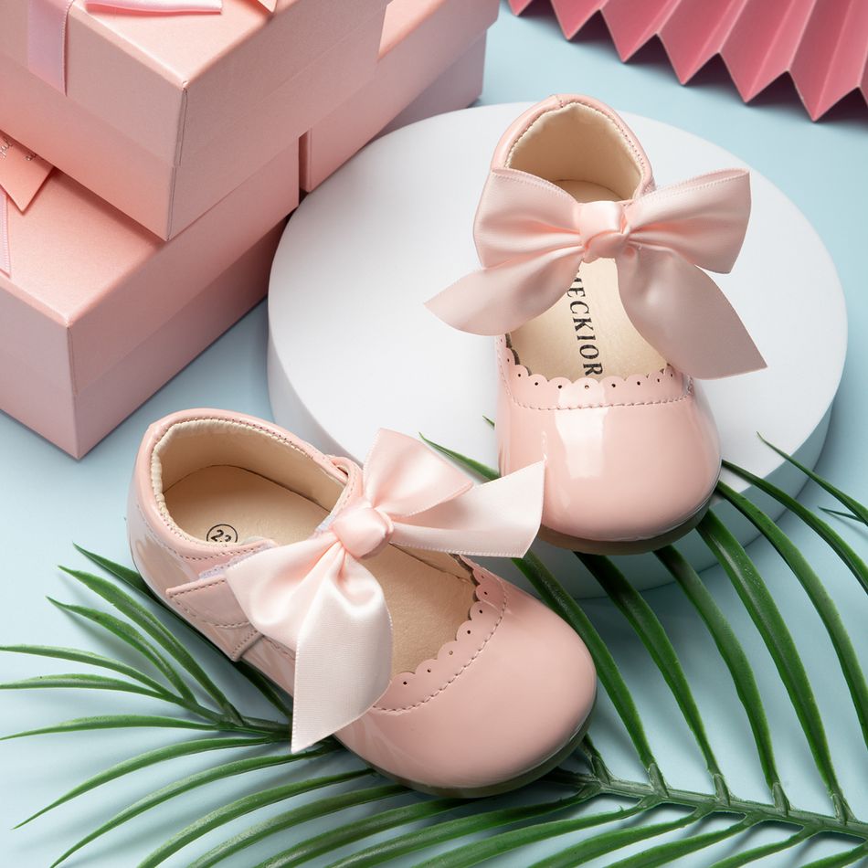Toddler / Kid Wavy Edge Bow Ribbon Decor White Princess Shoes Pink big image 1
