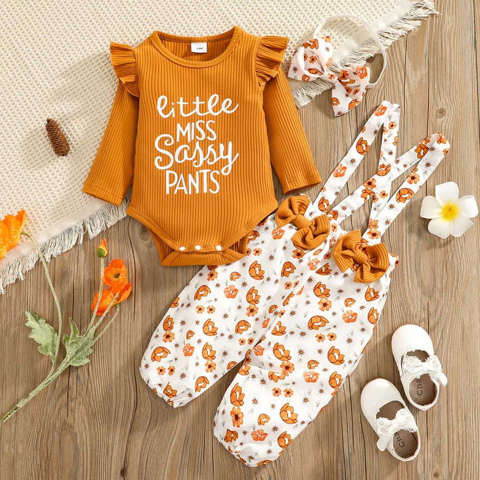 100% Cotton 3pcs Baby Letter Print Ruffle Long-sleeve Ribbed Romper and Floral Print Suspender Overalls Set Ginger
