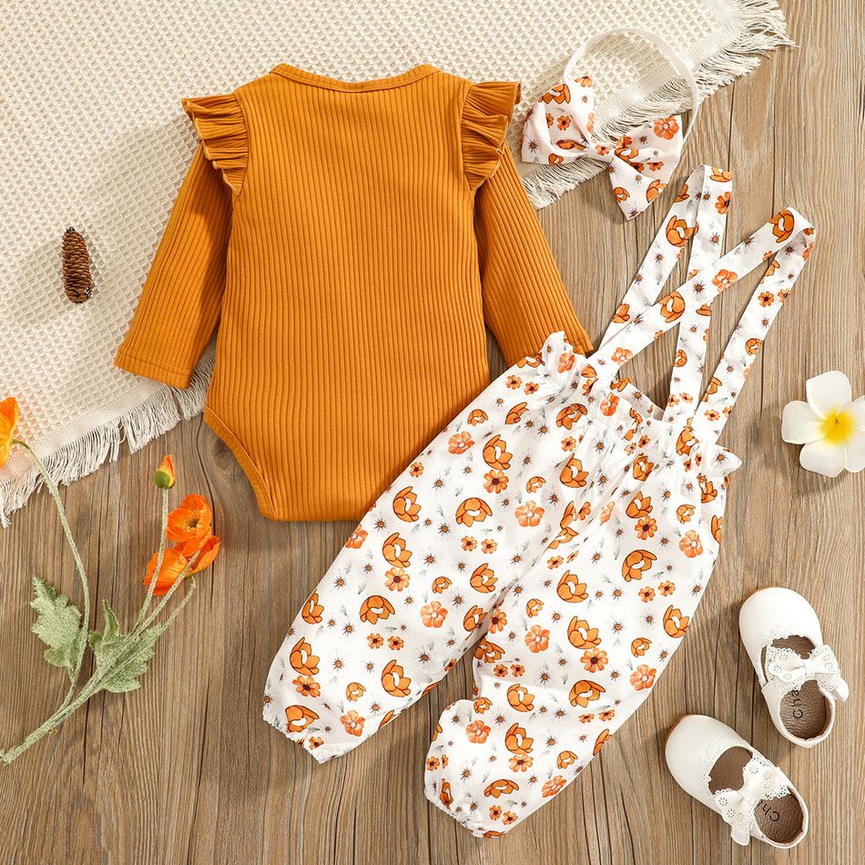 100% Cotton 3pcs Baby Letter Print Ruffle Long-sleeve Ribbed Romper and Floral Print Suspender Overalls Set Ginger big image 2