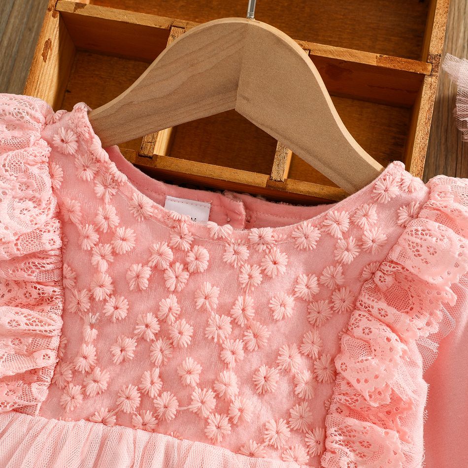 2pcs Lace and Mesh Splicing Ruffle Long-sleeve Baby Princess Party Dress Set Pink big image 4