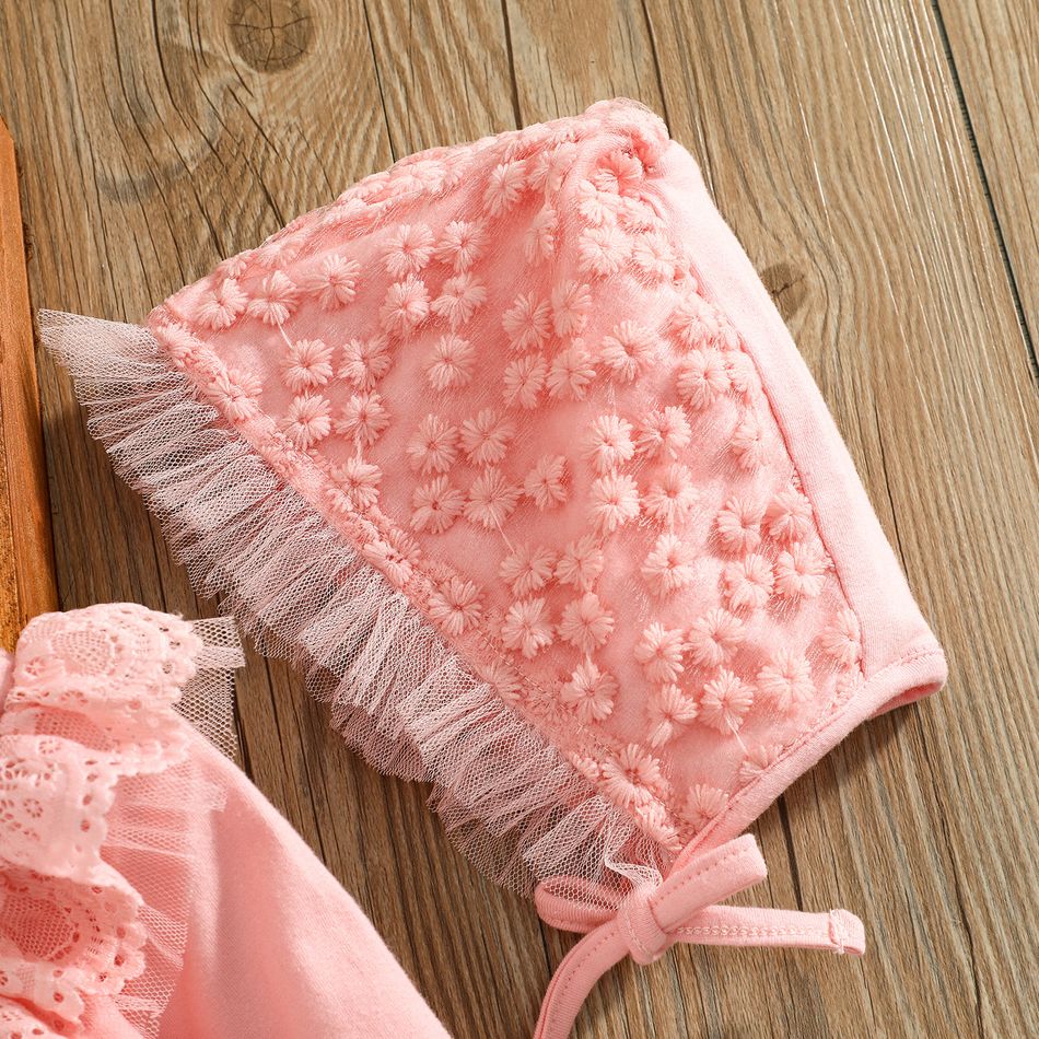 2pcs Lace and Mesh Splicing Ruffle Long-sleeve Baby Princess Party Dress Set Pink big image 3