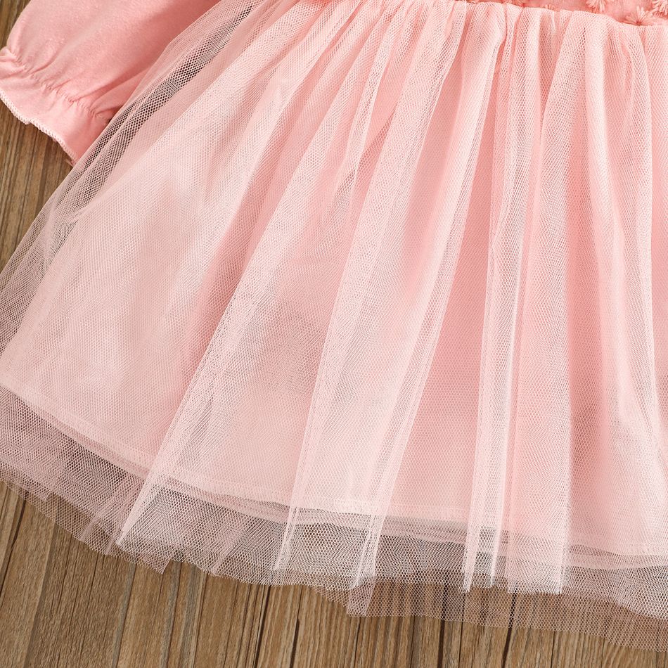 2pcs Lace and Mesh Splicing Ruffle Long-sleeve Baby Princess Party Dress Set Pink big image 7