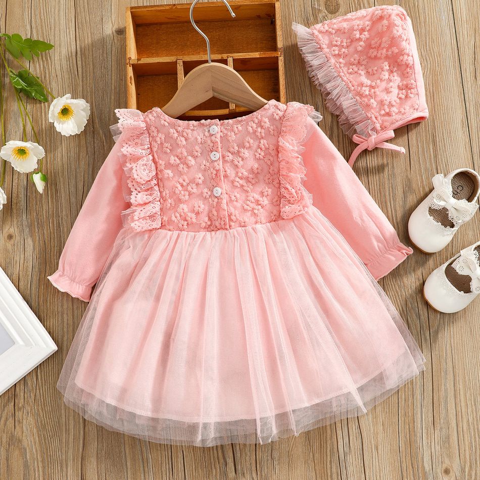 2pcs Lace and Mesh Splicing Ruffle Long-sleeve Baby Princess Party Dress Set Pink big image 2