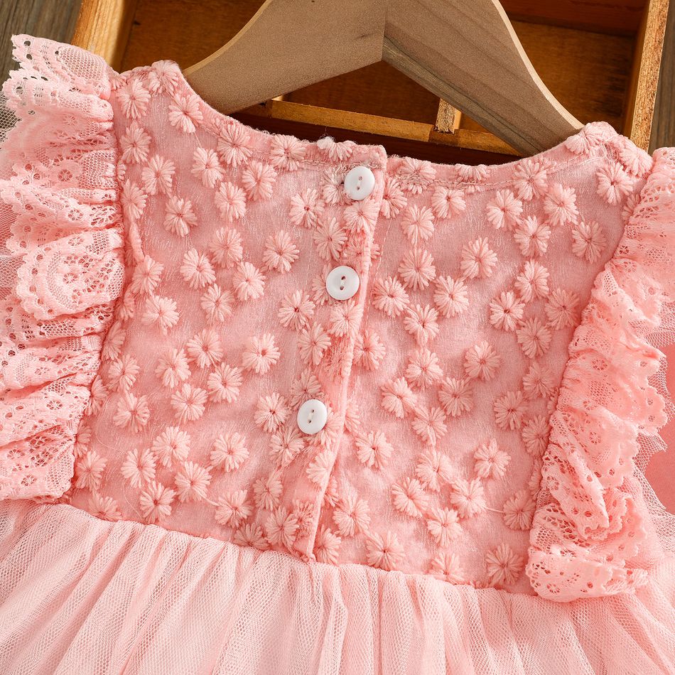 2pcs Lace and Mesh Splicing Ruffle Long-sleeve Baby Princess Party Dress Set Pink big image 6