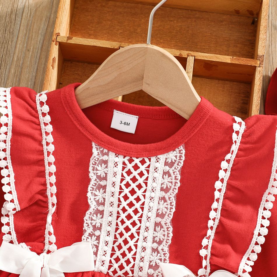 2pcs Lace Splicing Ruffle Pom Poms Bowknot Red Baby Long-sleeve Party Dress Set Red big image 4