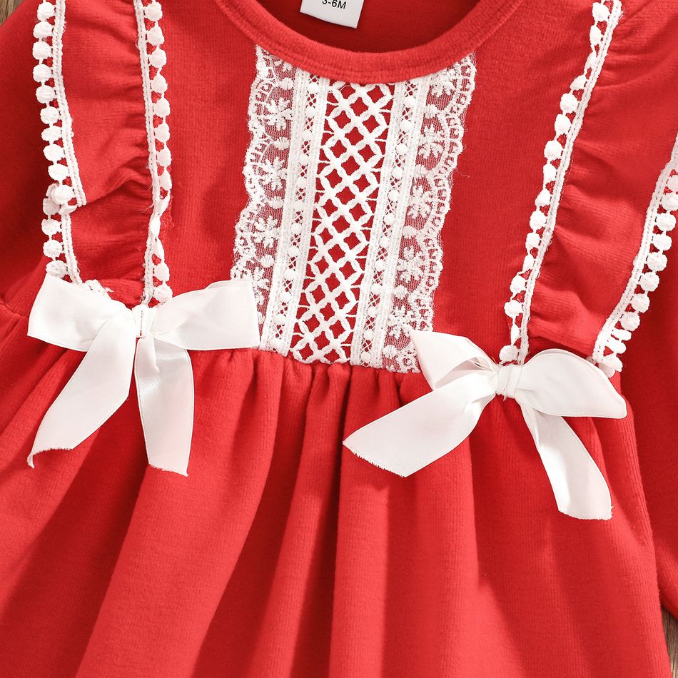2pcs Lace Splicing Ruffle Pom Poms Bowknot Red Baby Long-sleeve Party Dress Set Red big image 5
