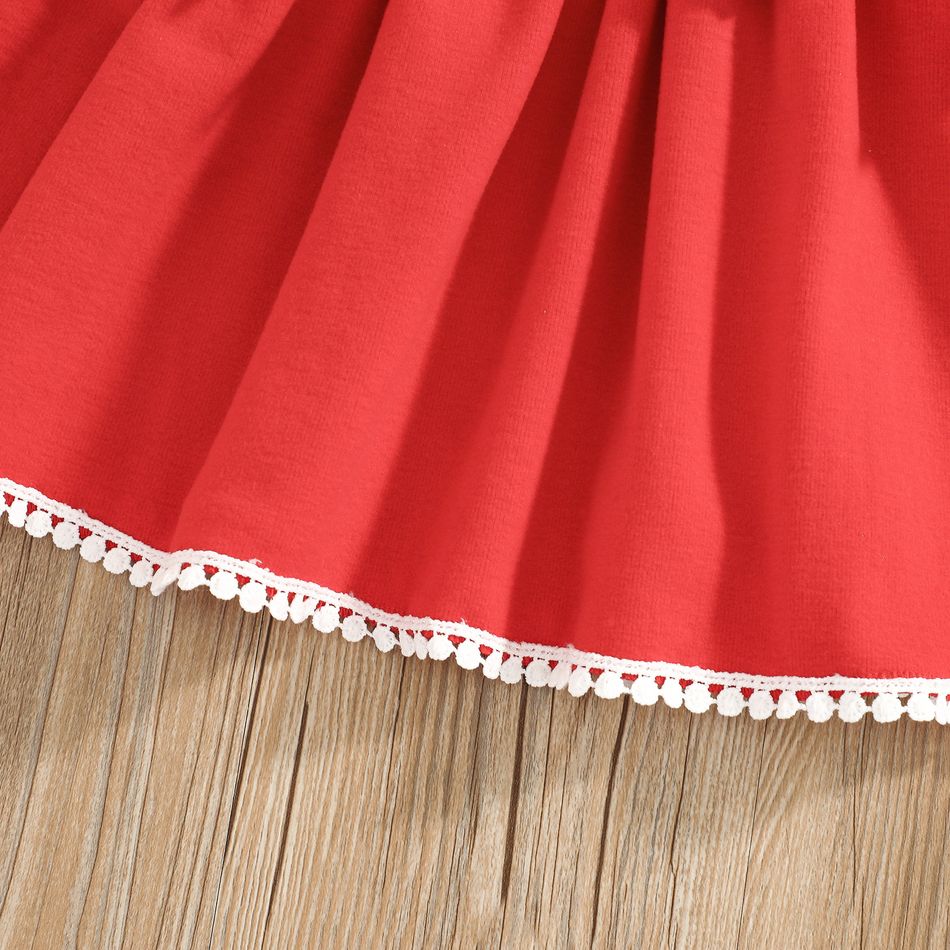 2pcs Lace Splicing Ruffle Pom Poms Bowknot Red Baby Long-sleeve Party Dress Set Red big image 6