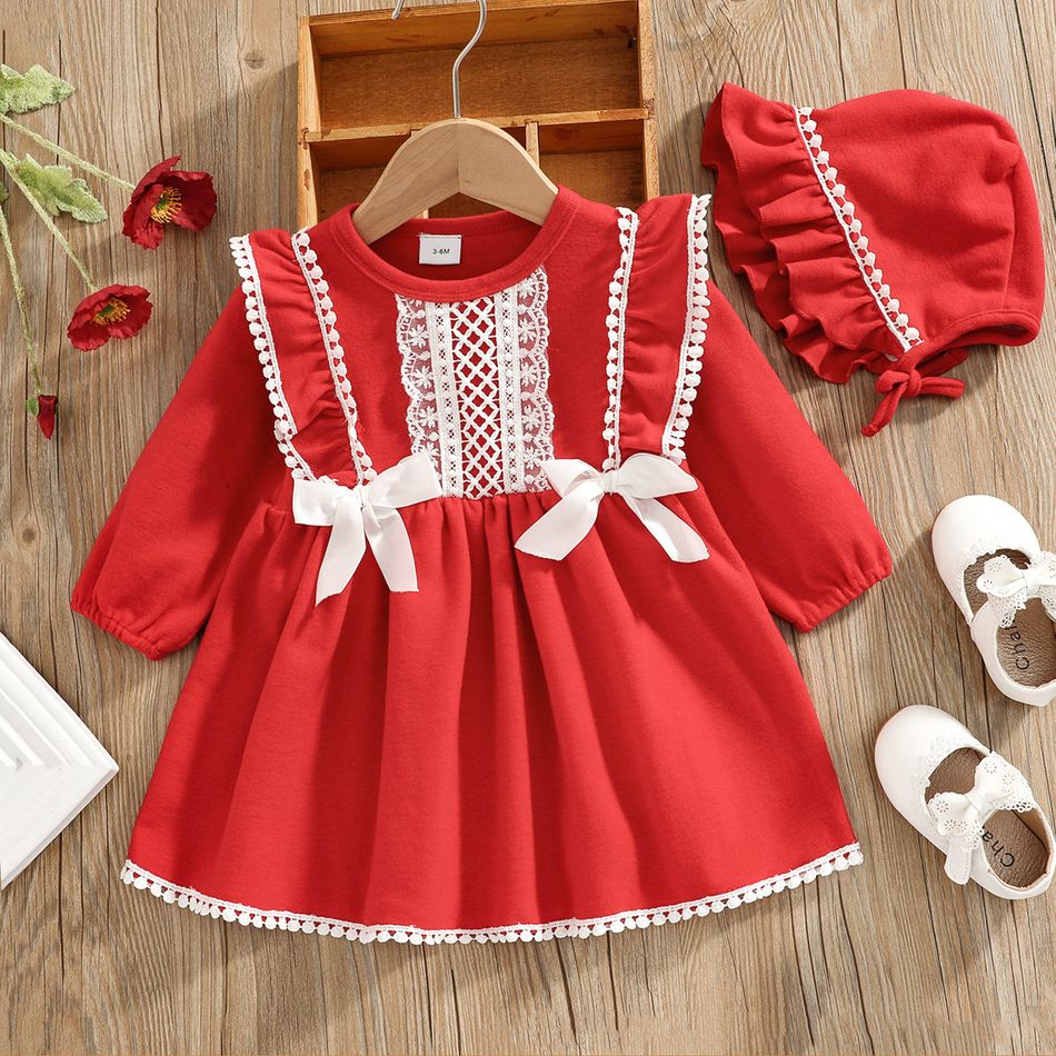 2pcs Lace Splicing Ruffle Pom Poms Bowknot Red Baby Long-sleeve Party Dress Set Red big image 1
