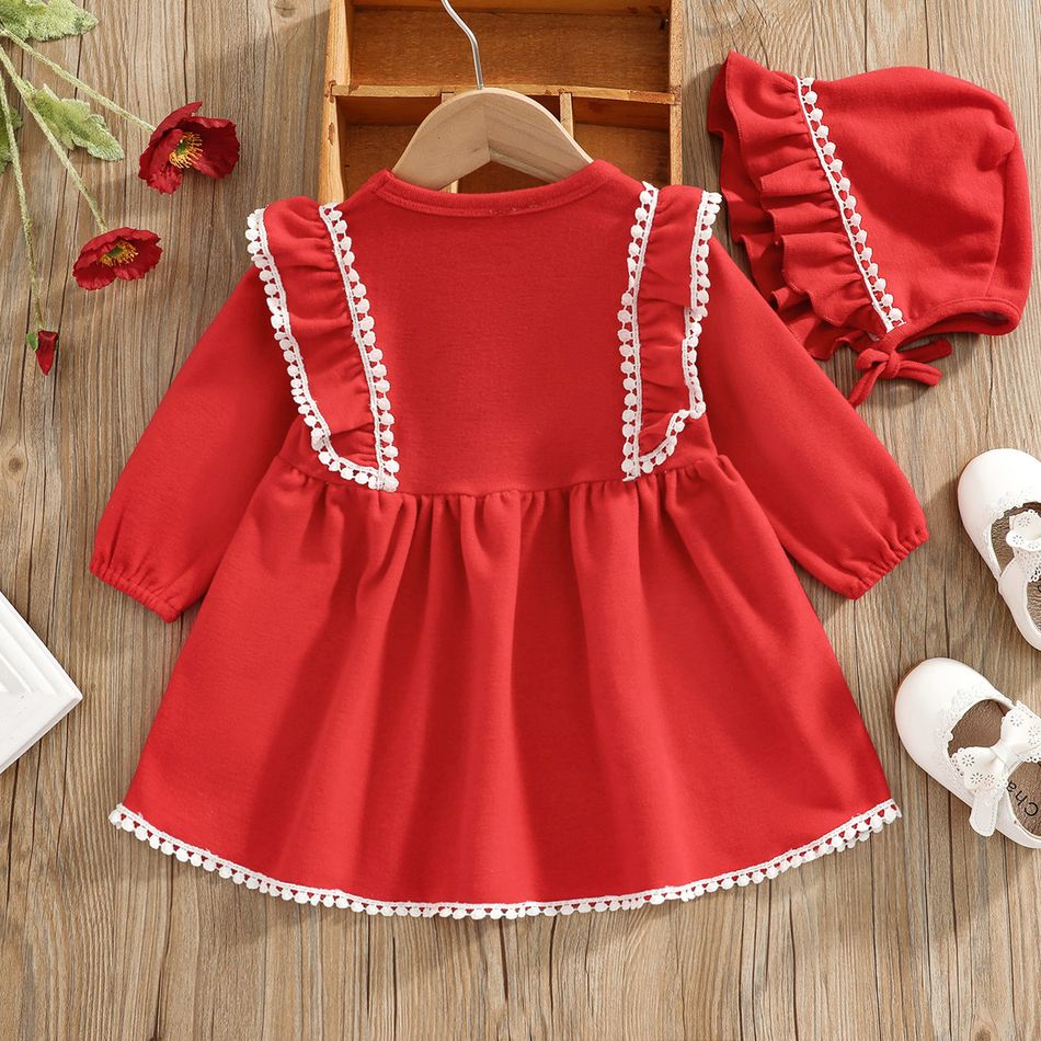 2pcs Lace Splicing Ruffle Pom Poms Bowknot Red Baby Long-sleeve Party Dress Set Red big image 2