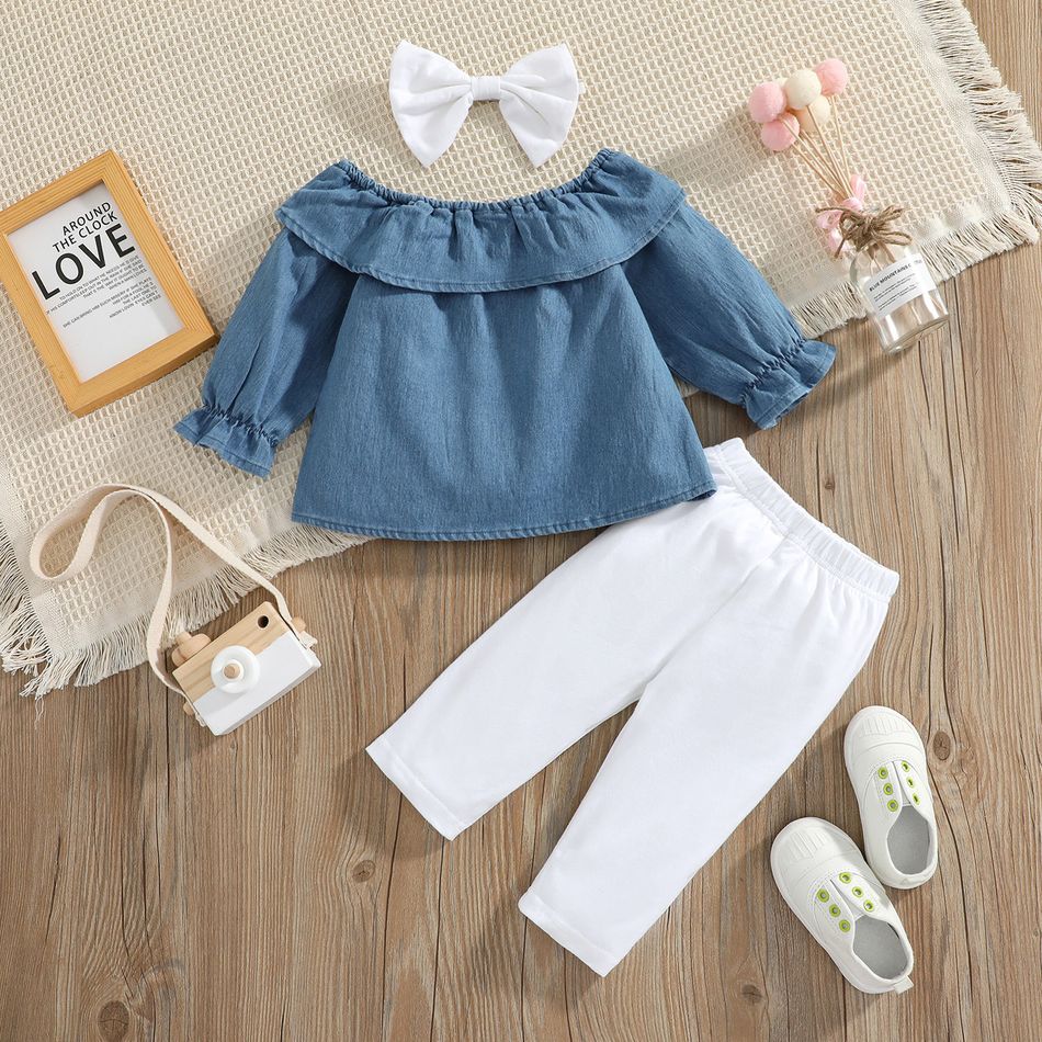 3pcs Baby Long-sleeve Ruffle Denim Top and 100% Cotton Trousers Set Blue
