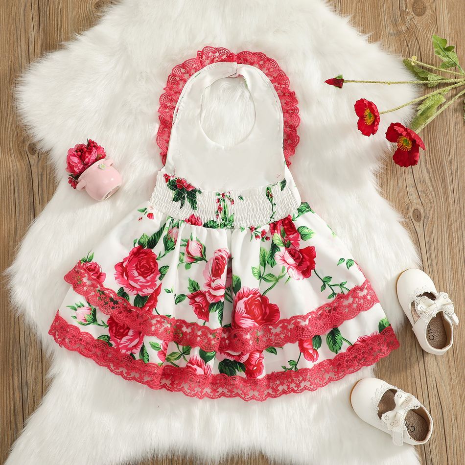 Baby Girl All Over Rosy Floral Print Sleeveless Halter Neck Layered Lace Princess Party Dress Rosy big image 6