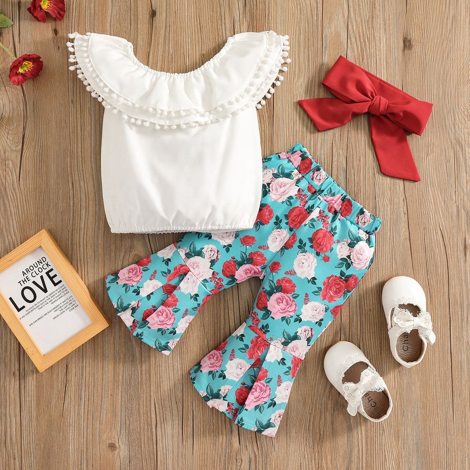 100% Cotton 3pcs Baby Girl Pom Poms Decor Sleeveless Top and Floral Print Bell Bottom Pants Set White big image 1