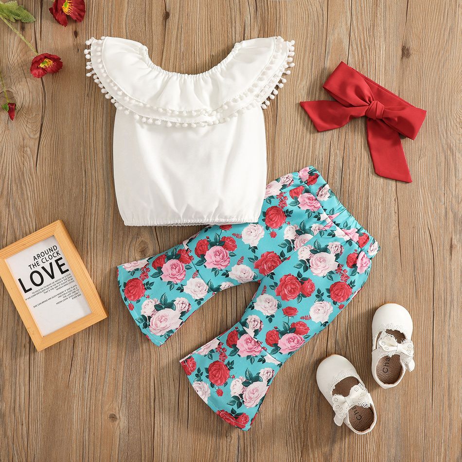 100% Cotton 3pcs Baby Girl Pom Poms Decor Sleeveless Top and Floral Print Bell Bottom Pants Set White big image 2
