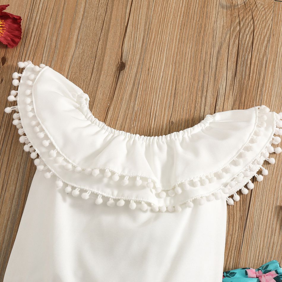 100% Cotton 3pcs Baby Girl Pom Poms Decor Sleeveless Top and Floral Print Bell Bottom Pants Set White big image 3