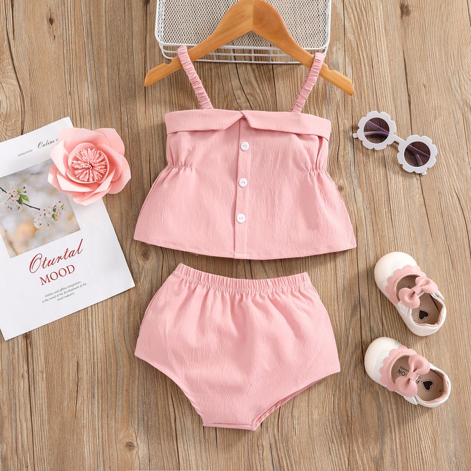 100% Cotton 2pcs Baby Girl Button Design Pink Spaghetti Strap Top and Shorts Set Pink big image 1