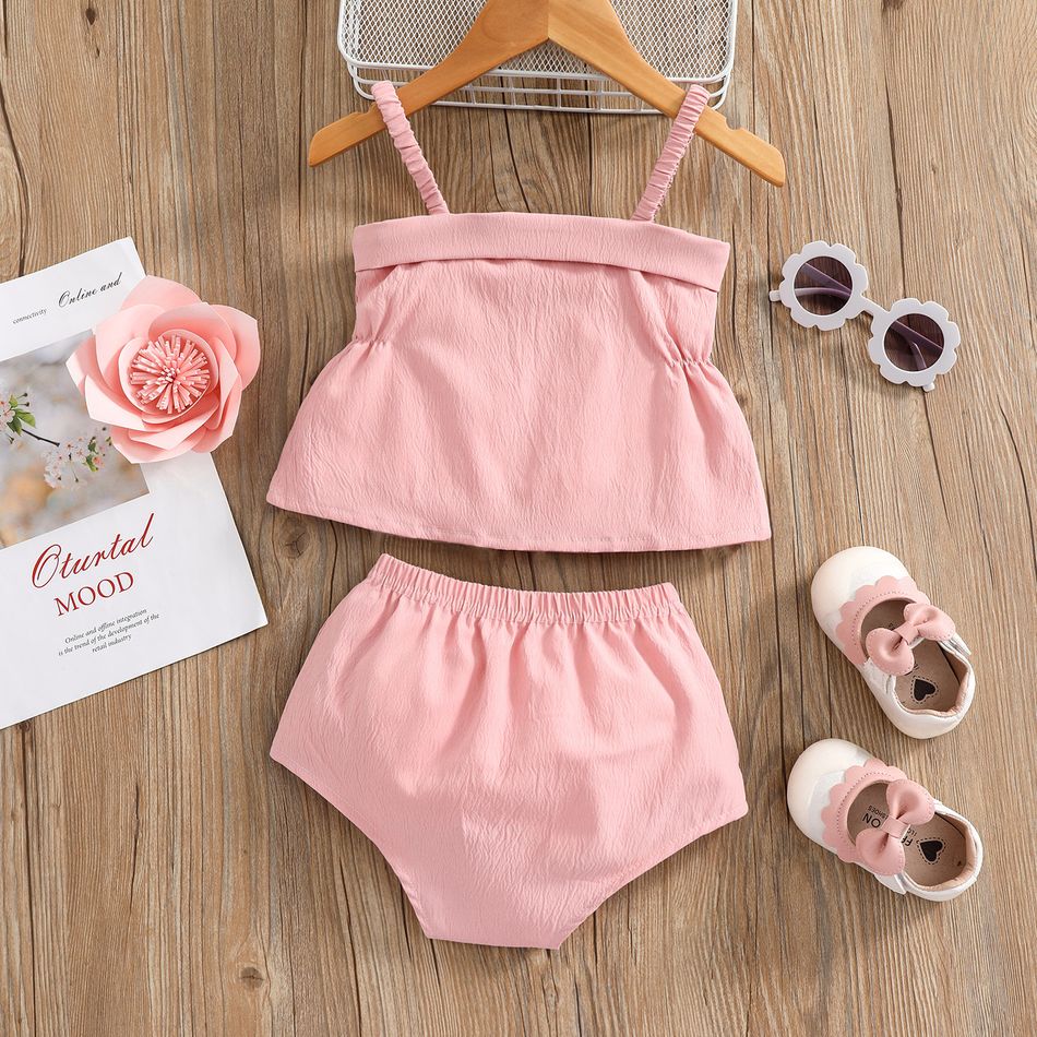 100% Cotton 2pcs Baby Girl Button Design Pink Spaghetti Strap Top and Shorts Set Pink big image 2