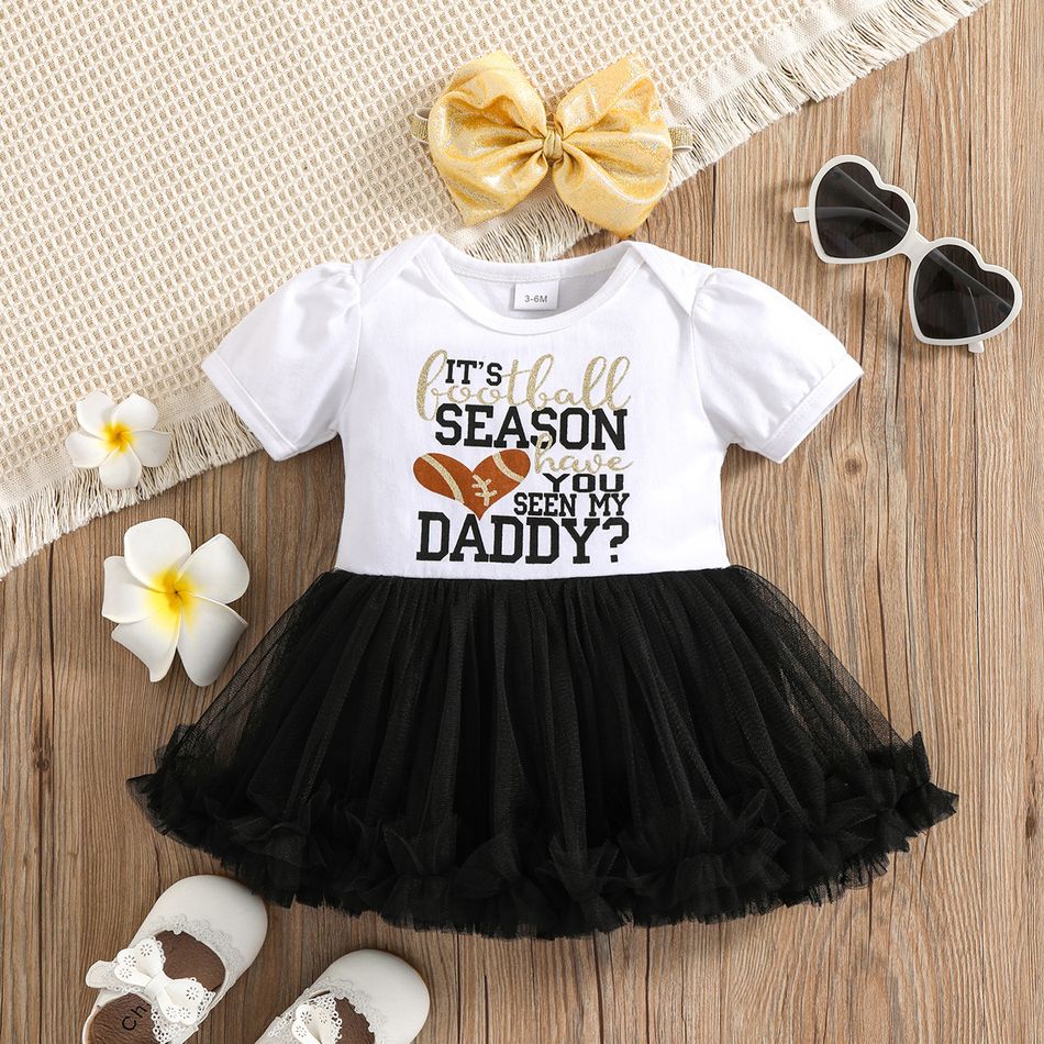 100% Cotton 2pcs Baby Girl Football and Letter Print Puff Sleeve Splicing Mesh Tutu Dress with Headband Set White