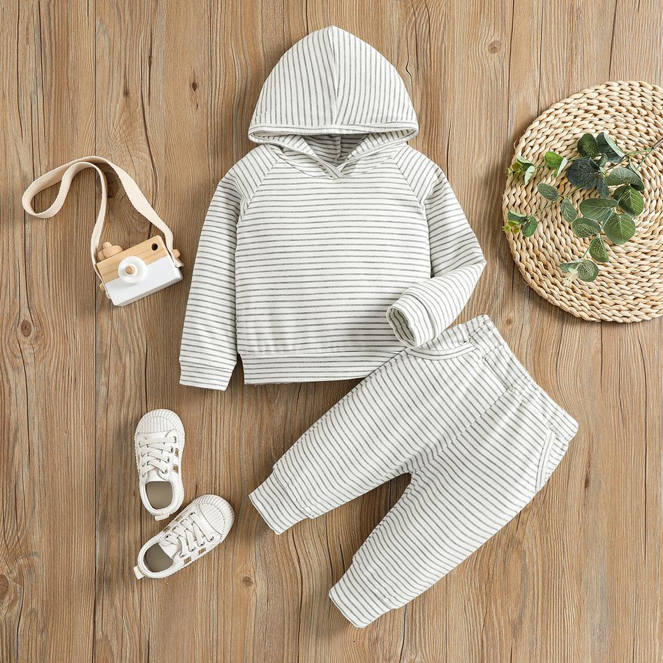 2pcs Baby Boy/Girl Striped Long-sleeve Hoodie and Pants Set White