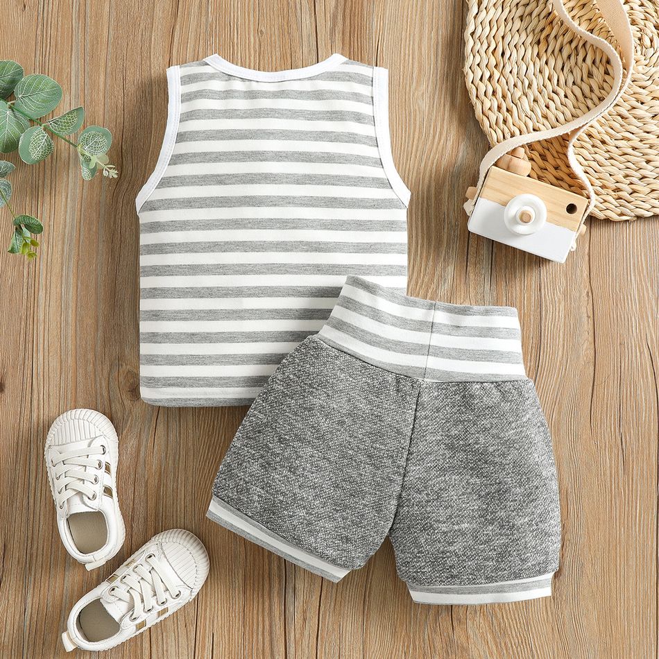 100% Cotton 2pcs Baby Boy/Girl Striped Sleeveless Tank Top and Shorts Set Dark Grey big image 3