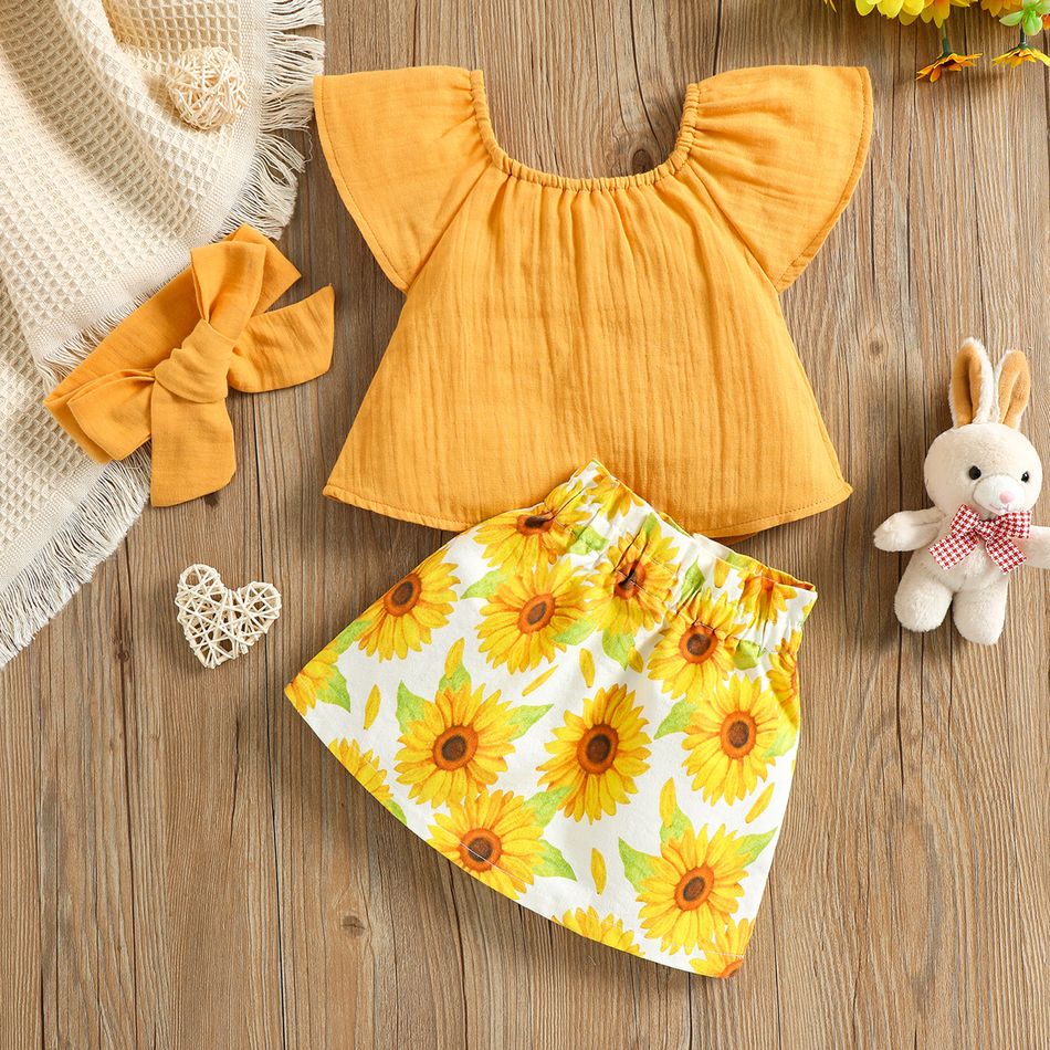3pcs Baby Girl Solid Cap Sleeve Crepe Top and Sunflowers Floral Print Denim Skirt with Headband Set Yellow