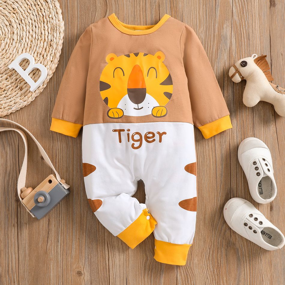 100% Cotton Baby Boy Cartoon Tiger and Letter Print Long-sleeve Splicing Jumpsuit White