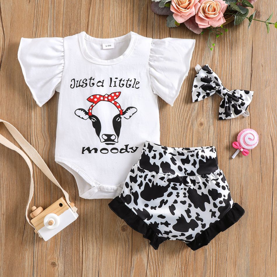 100% Cotton 3pcs Baby Girl Ladybugs/Cow Letter Print Ruffle Short-sleeve Romper and Shorts with Headband Set Black