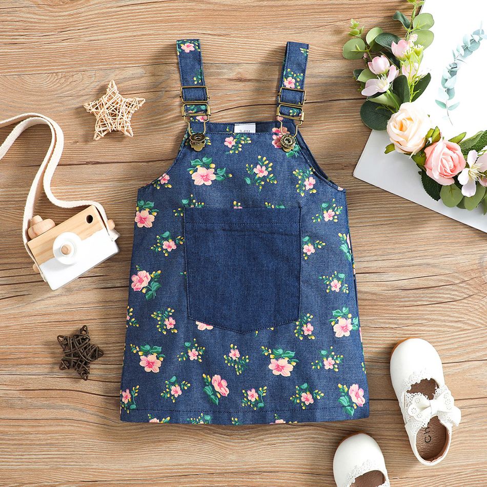 Baby Girl All Over Floral Print Denim Overall Dress with Pocket Blue big image 1