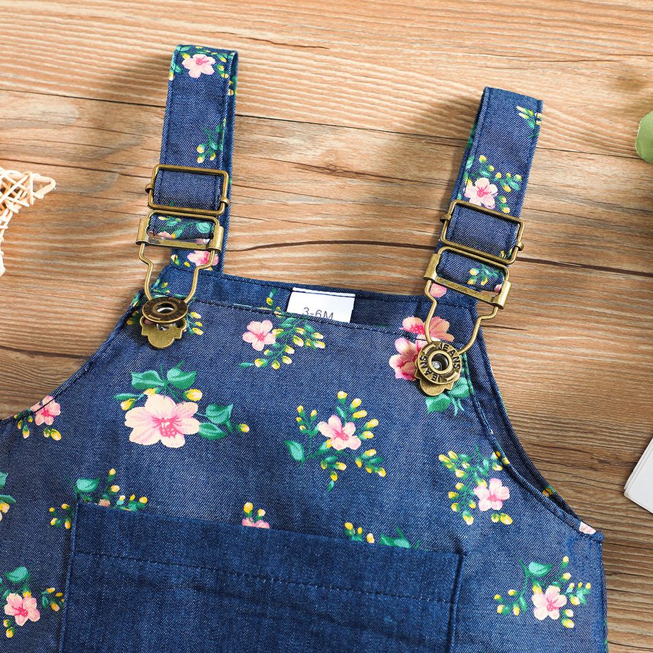 Baby Girl All Over Floral Print Denim Overall Dress with Pocket Blue big image 2