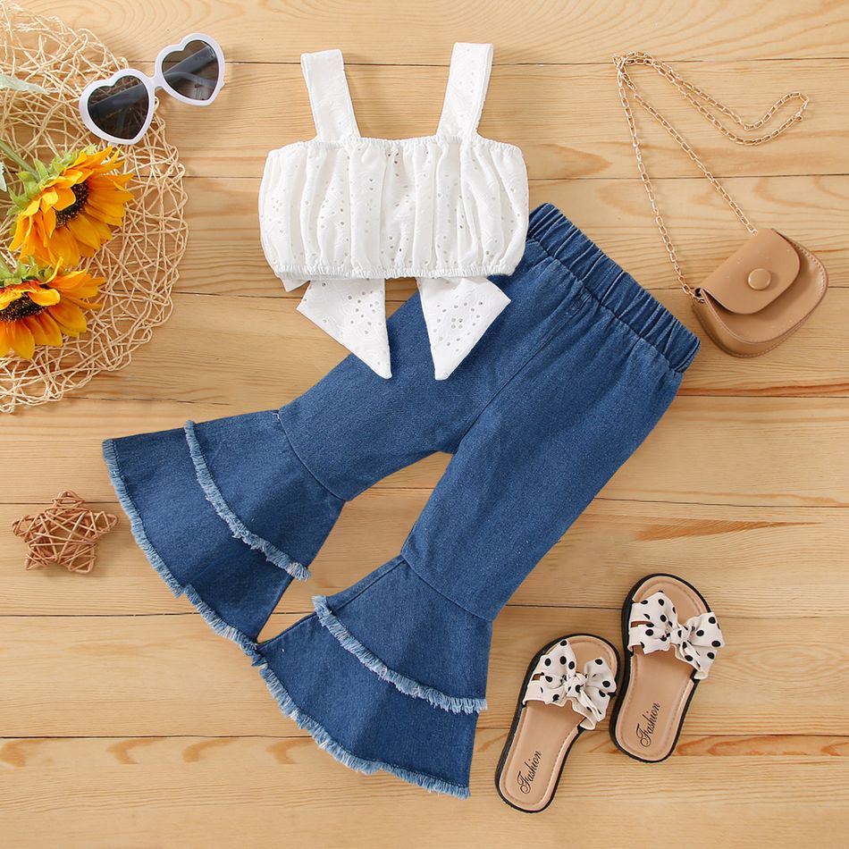 2pcs Baby Girl Eyelet Embroidered Bow Front Cami Crop Top and Frayed Raw Trim Denim Flared Pants Set White big image 2