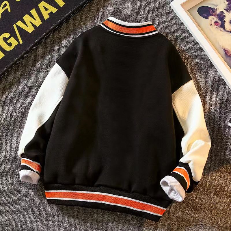 Toddler Boy Letter Embroidered Striped Button Design Bomber Jacket Black big image 2