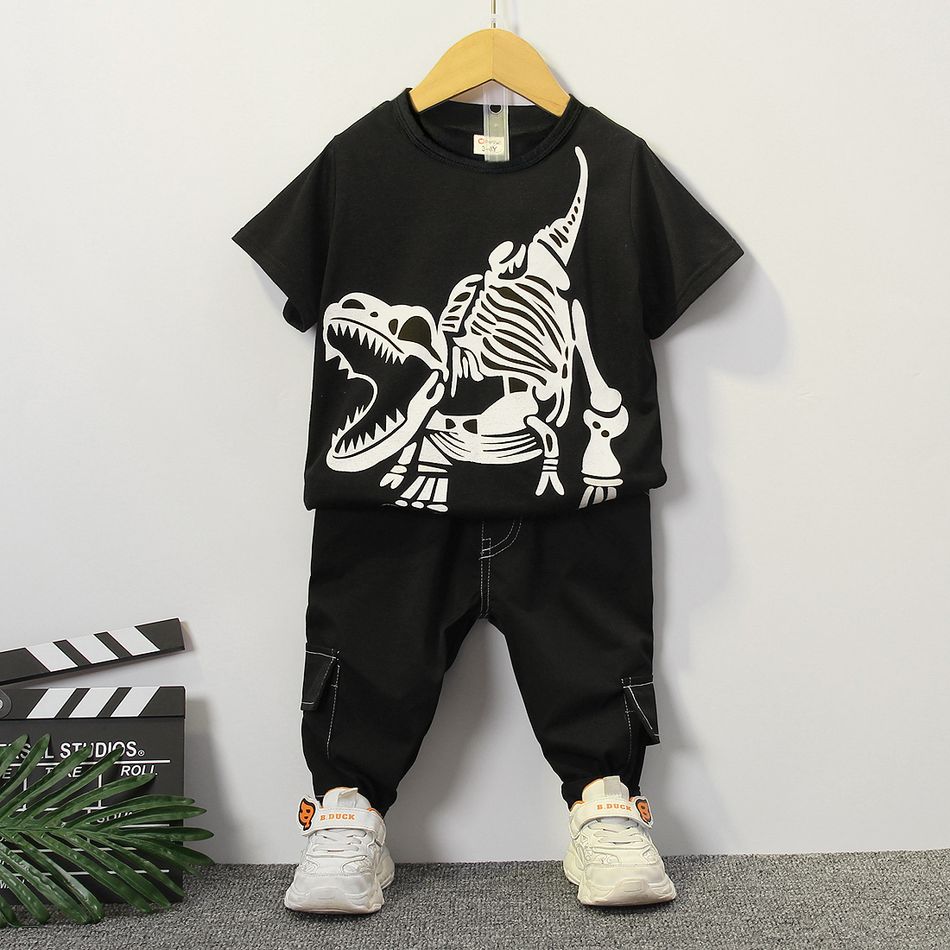 2pcs Toddler Boy Playful Dinosaur Print Tee and Pocket Design Pants Set Black big image 1