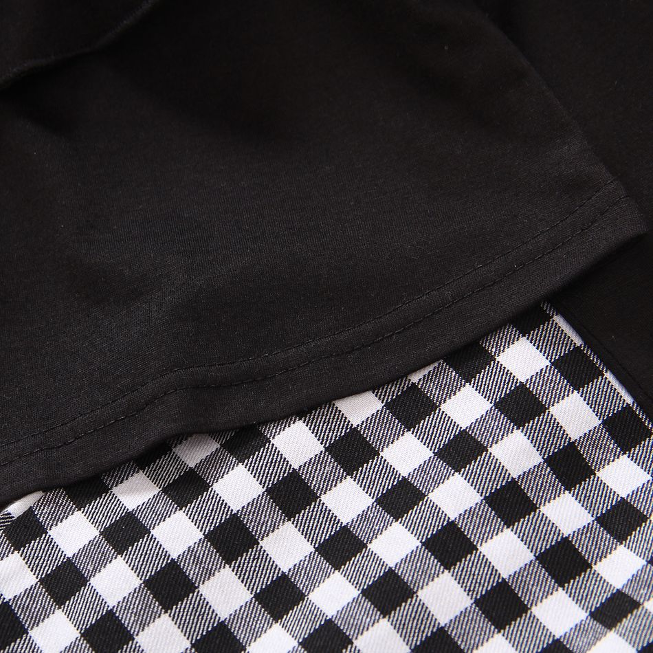2pcs Toddler Girl Flounce Long-sleeve Black Tee and Bowknot Design Plaid Pants Set Black big image 4