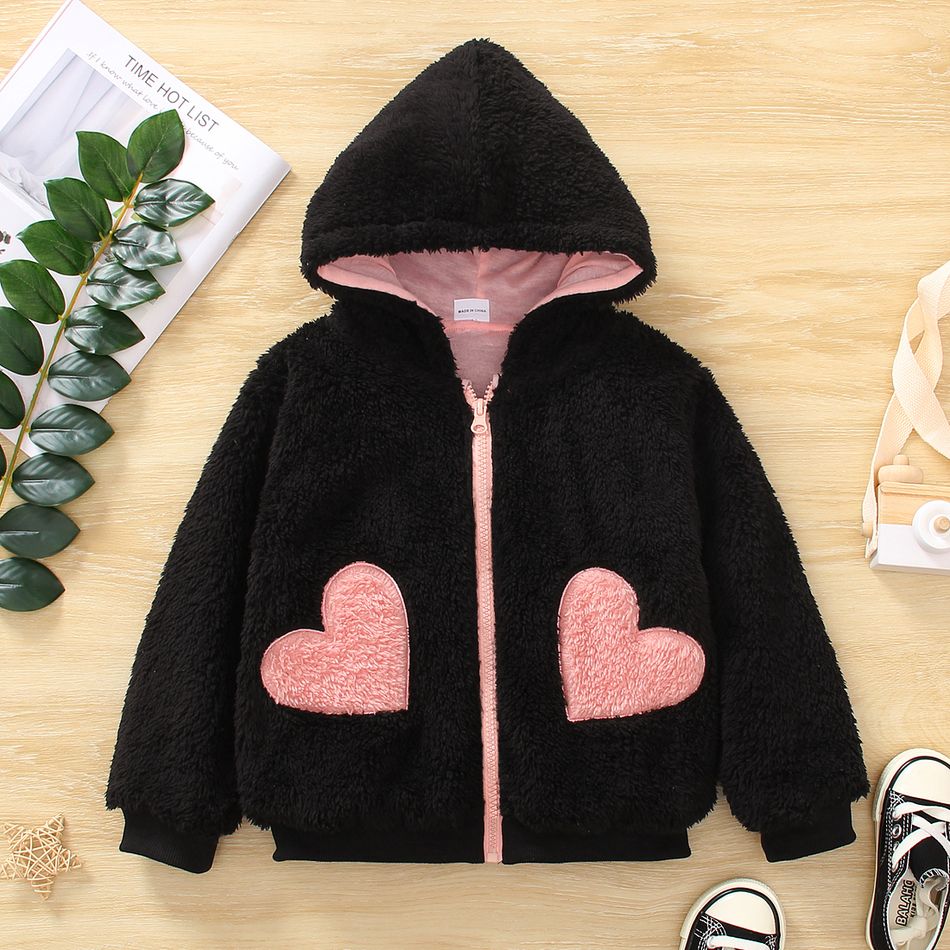 Toddler Girl Sweet Heart Pattern Flannel Fleece Hooded Jacket Coat Black