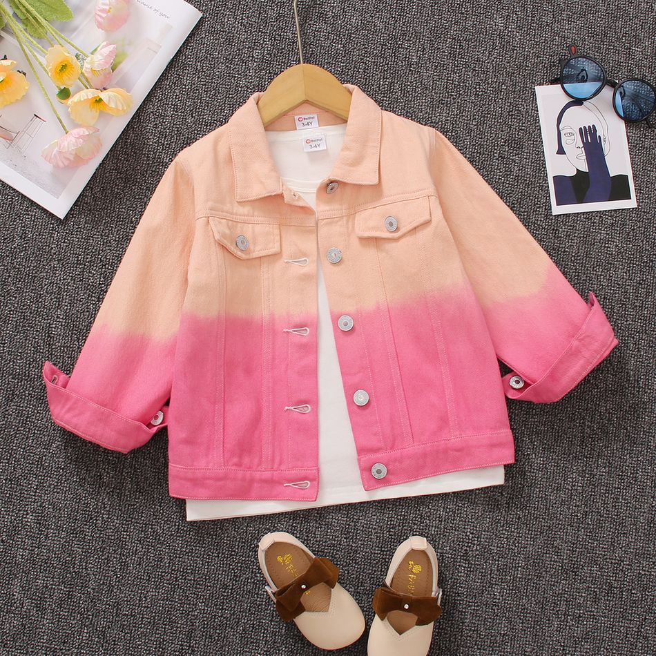 Toddler Girl Sweet Tie Dyed Colorblock Lapel Collar Denim Jacket Pink big image 1