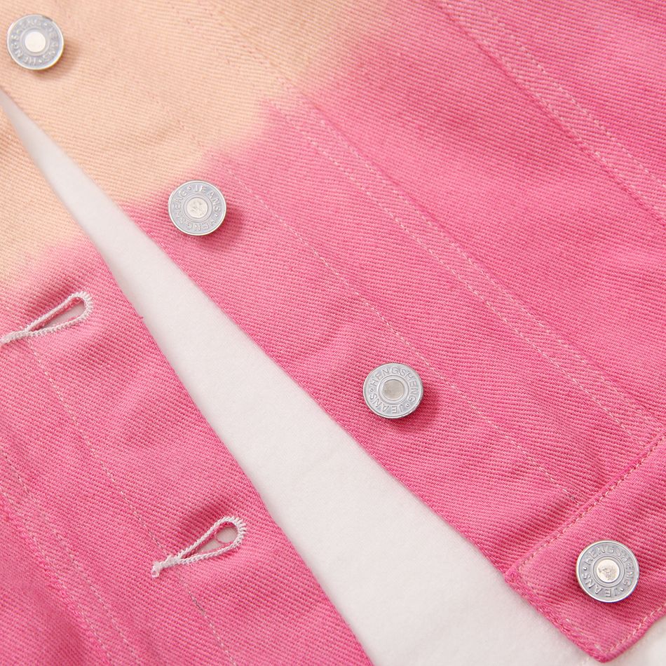 Toddler Girl Sweet Tie Dyed Colorblock Lapel Collar Denim Jacket Pink big image 3