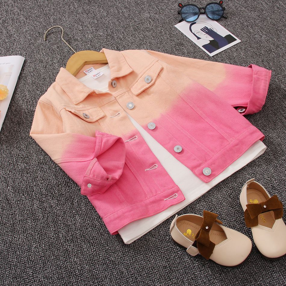 Toddler Girl Sweet Tie Dyed Colorblock Lapel Collar Denim Jacket Pink big image 4