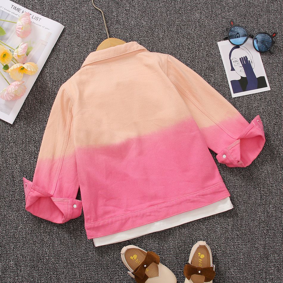 Toddler Girl Sweet Tie Dyed Colorblock Lapel Collar Denim Jacket Pink big image 7