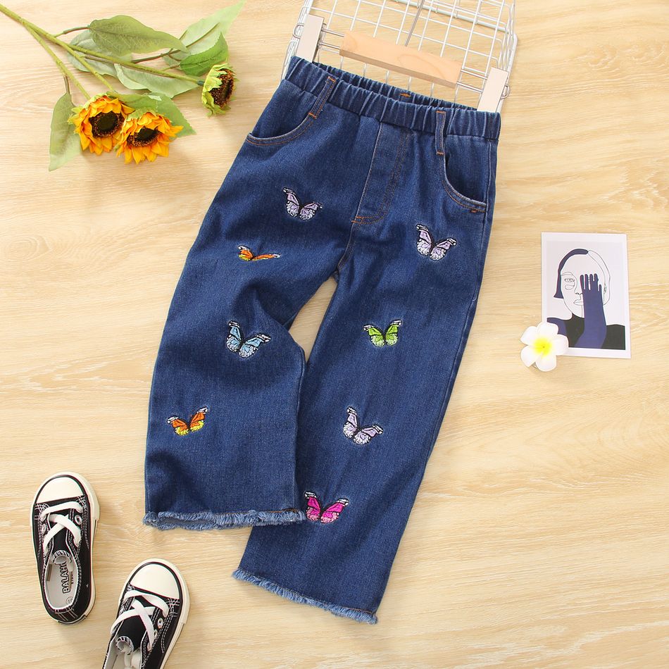 Toddler Girl Butterfly Embroidered Straight Denim Jeans Blue big image 2