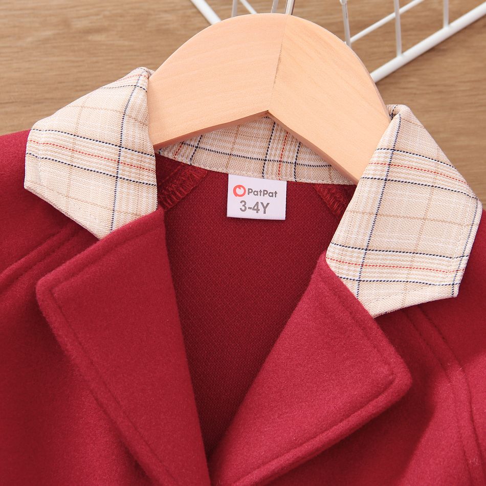 Toddler Girl Plaid Splice Lapel Collar Button Design Belted Red Blend Coat Red big image 3