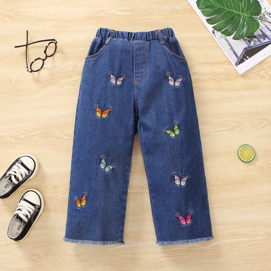 Toddler Girl Butterfly Embroidered Straight Denim Jeans Blue