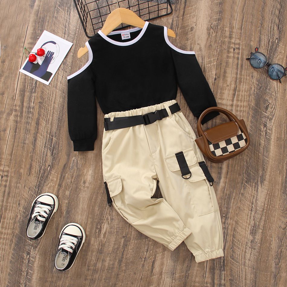 2pcs Toddler Girl Trendy Cold Shoulder Long-sleeve Tee and Cargo Pants Set Black