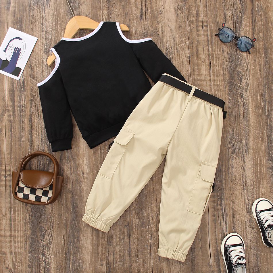 2pcs Toddler Girl Trendy Cold Shoulder Long-sleeve Tee and Cargo Pants Set Black big image 2