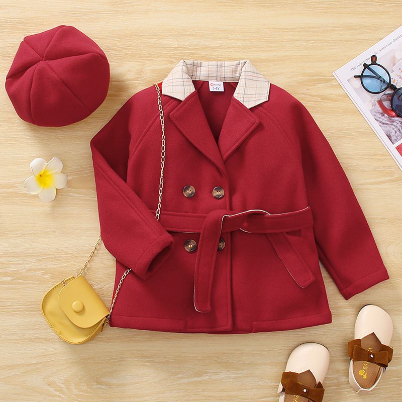Toddler Girl Plaid Splice Lapel Collar Button Design Belted Red Blend Coat Red