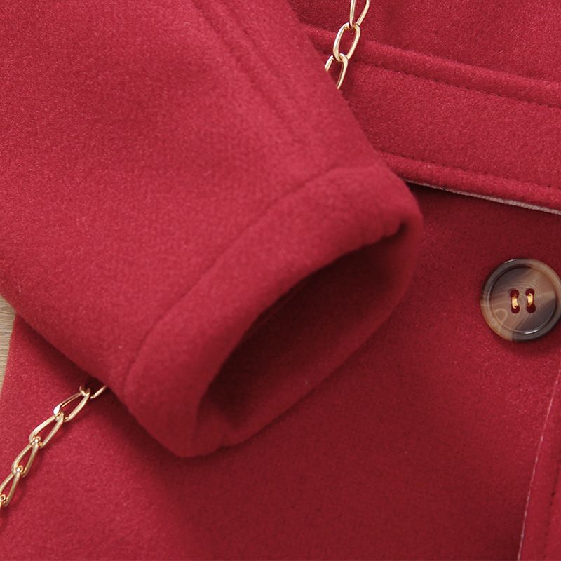 Toddler Girl Plaid Splice Lapel Collar Button Design Belted Red Blend Coat Red big image 8