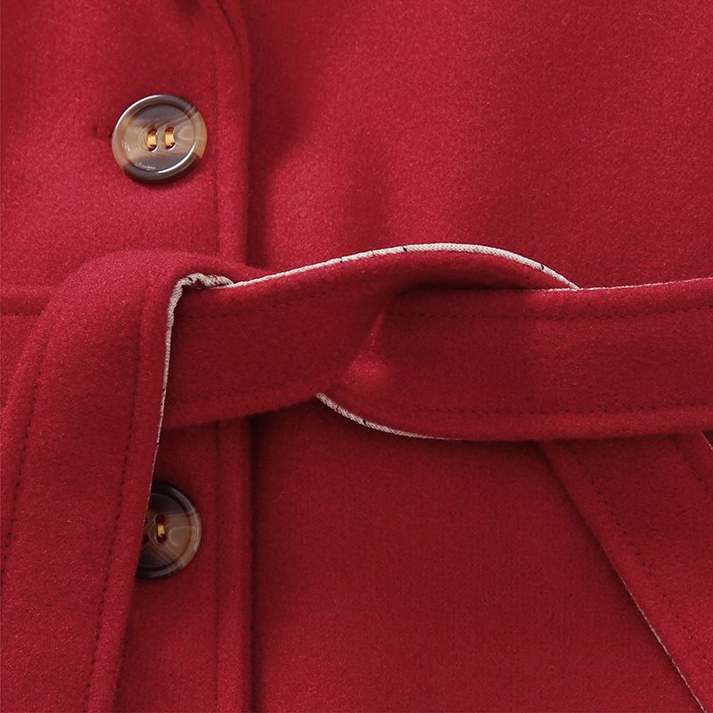 Toddler Girl Plaid Splice Lapel Collar Button Design Belted Red Blend Coat Red big image 6