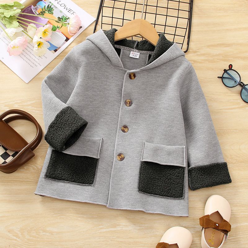 Toddler Boy Fleece Pocket Design Grey Hooded Jacket Coat Light Grey big image 1