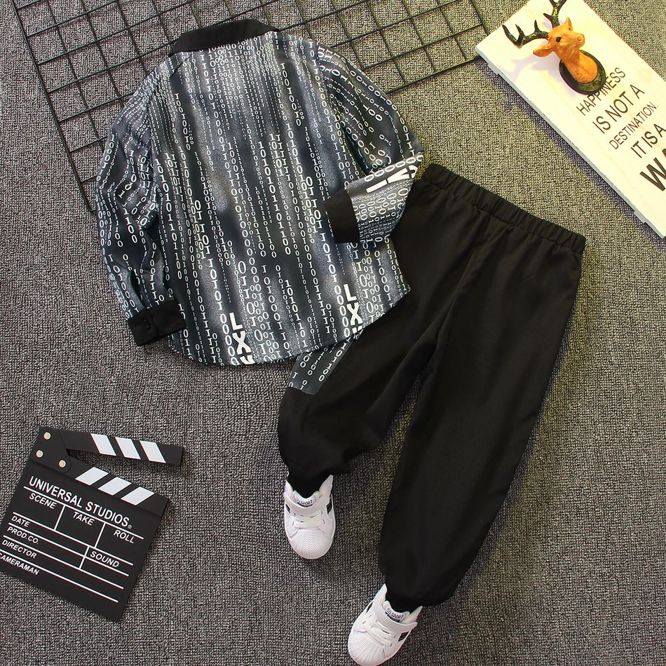 2pcs Kid Boy Letter Print Colorblock Lapel Collar Shirt and Pocket Design Pants Set Black big image 7
